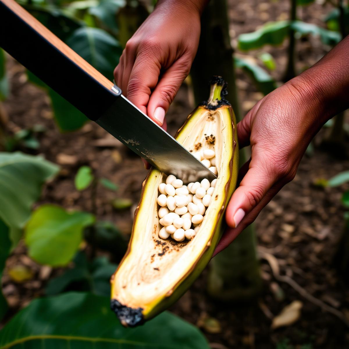 Colheita do cacau: fruto aberto revelando as sementes